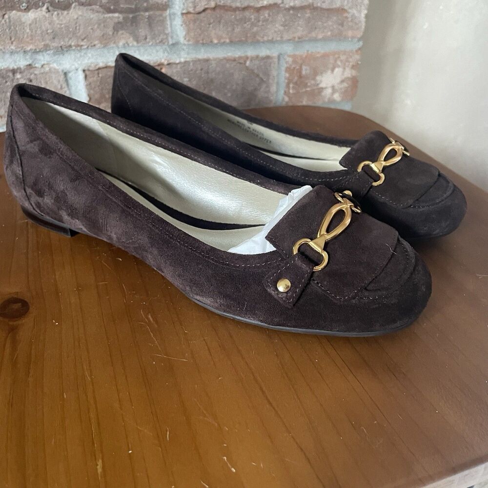 NEW Talbots Brown Suede Flats Womens Size 9W Gold Buckle Leather Shoes Career
